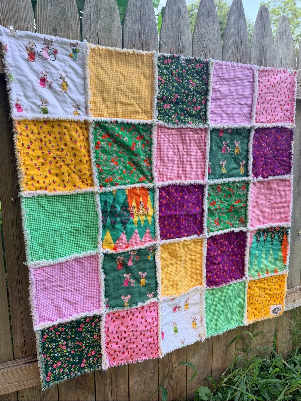Handmade Baby Rag Quilt: Heather Ross Trixie Mice Baby Blanket